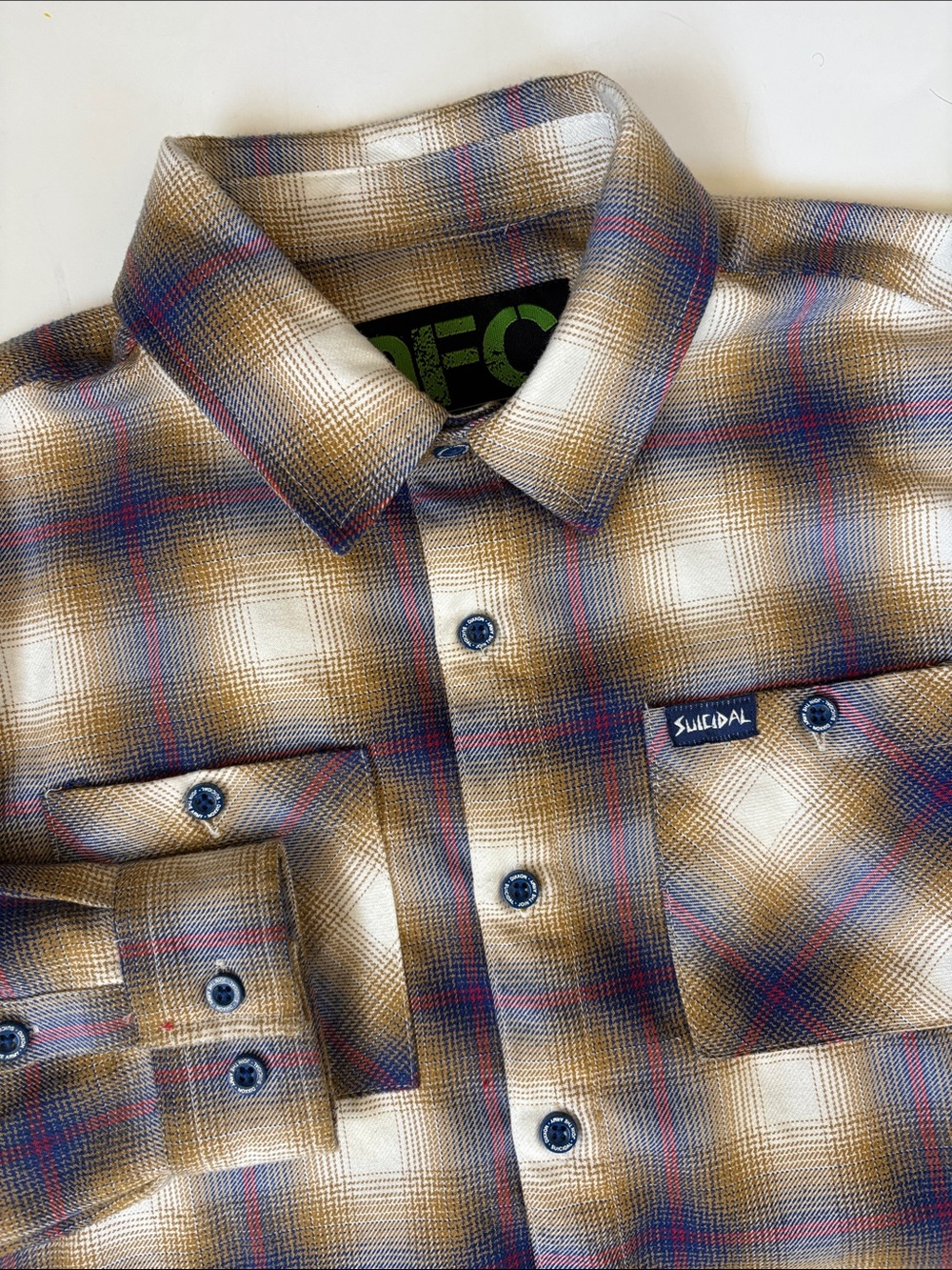 Dixxon Flannel Co DFC Youth Division Blue Tan Plaid Shirt Outdoors Boys Large